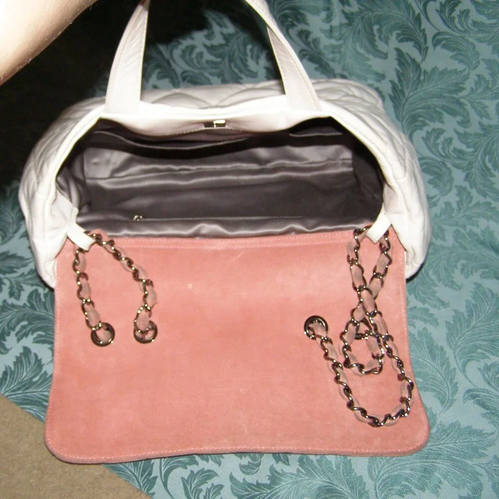 💖 CHANEL Portobello White Quilted Leather & Pink Suede Tote/Shoulder Bag